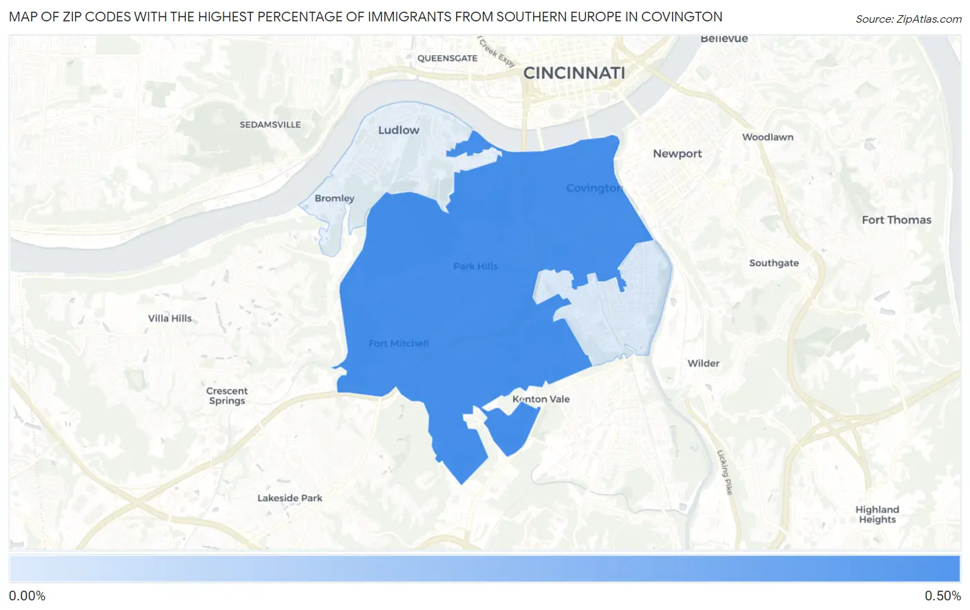 Zip Codes with the Highest Percentage of Immigrants from Southern Europe in Covington Map