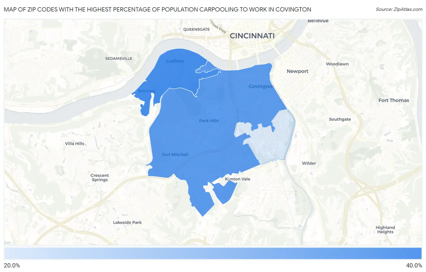 Zip Codes with the Highest Percentage of Population Carpooling to Work in Covington Map