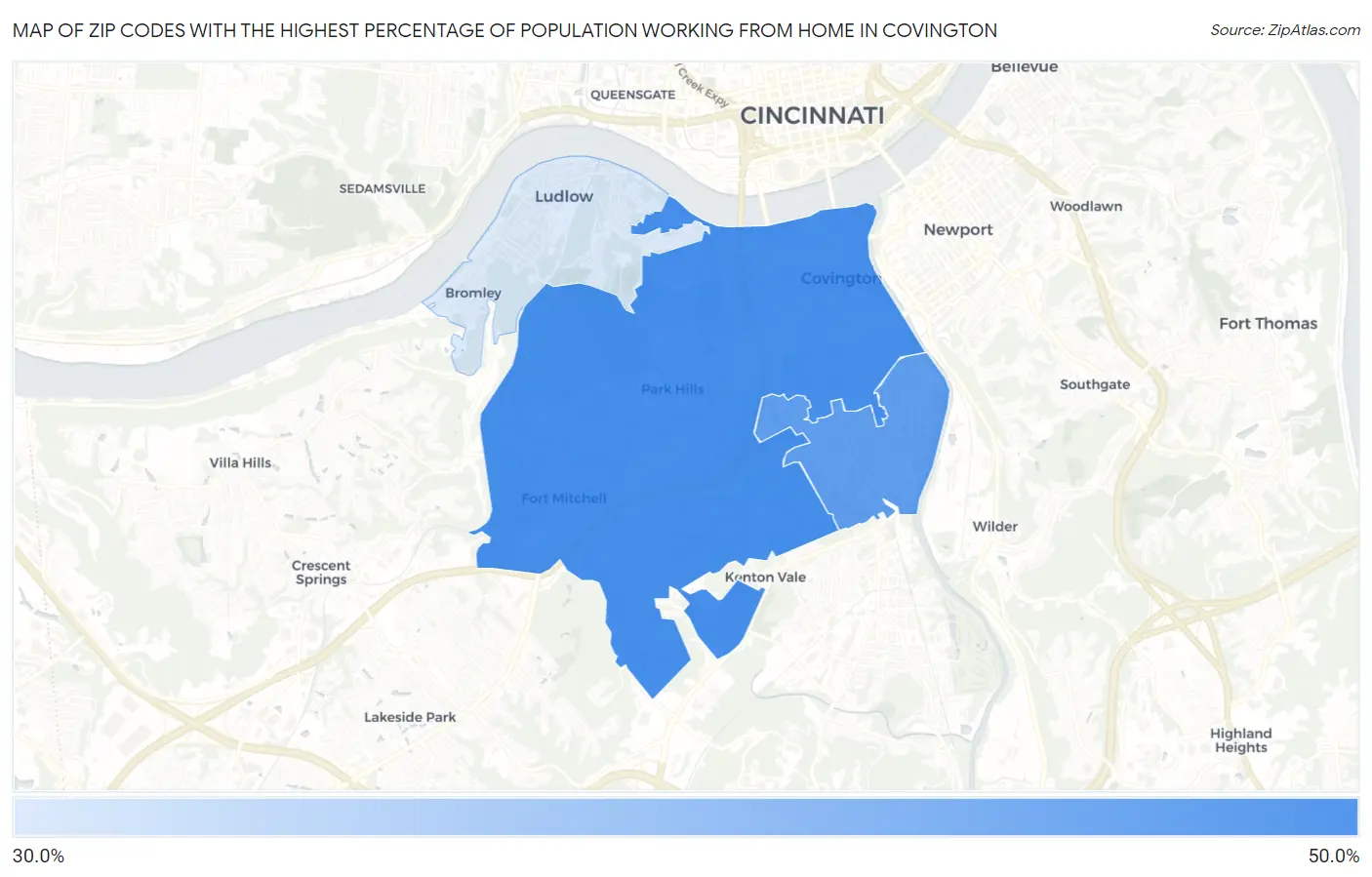 Zip Codes with the Highest Percentage of Population Working from Home in Covington Map