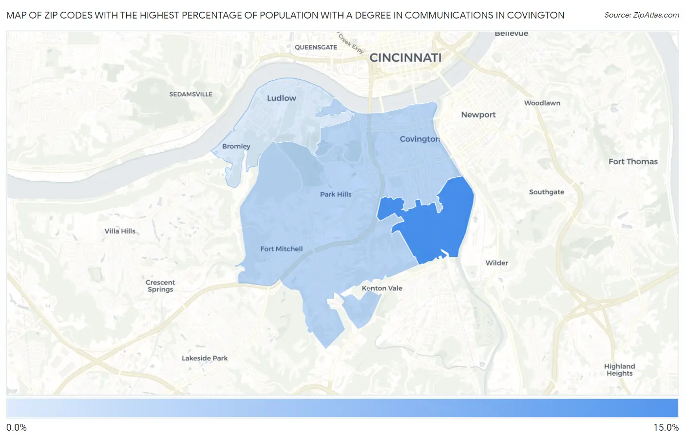 Zip Codes with the Highest Percentage of Population with a Degree in Communications in Covington Map