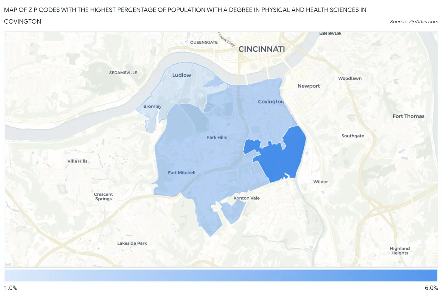 Zip Codes with the Highest Percentage of Population with a Degree in Physical and Health Sciences in Covington Map