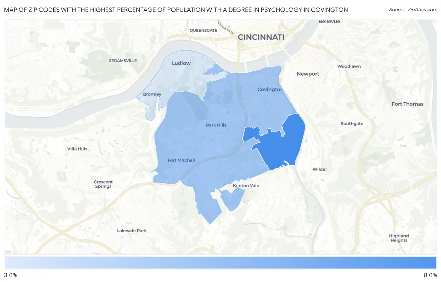 Zip Codes with the Highest Percentage of Population with a Degree in Psychology in Covington Map