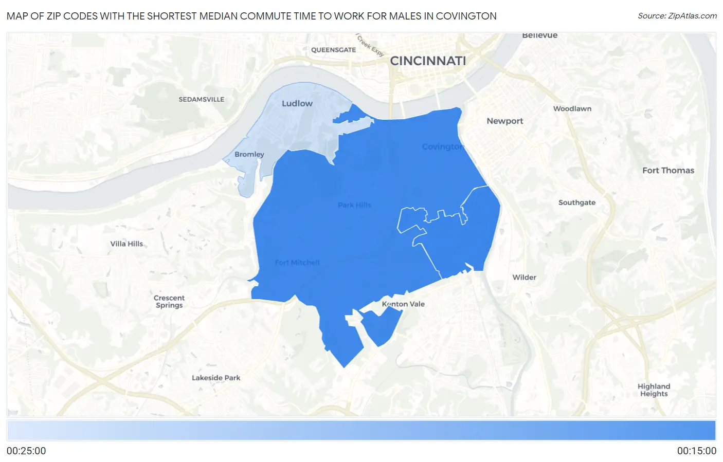 Zip Codes with the Shortest Median Commute Time to Work for Males in Covington Map