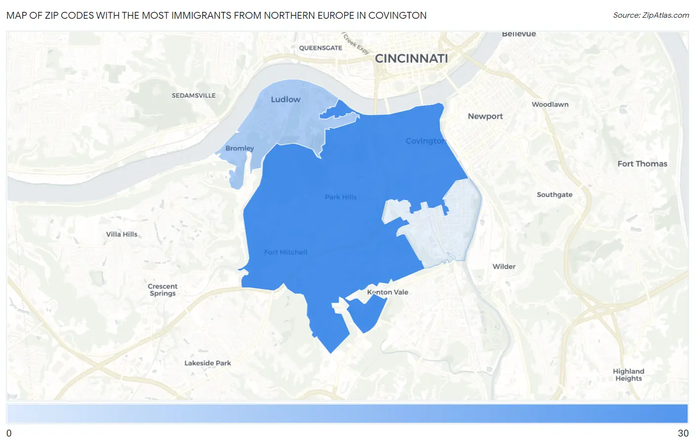 Zip Codes with the Most Immigrants from Northern Europe in Covington Map