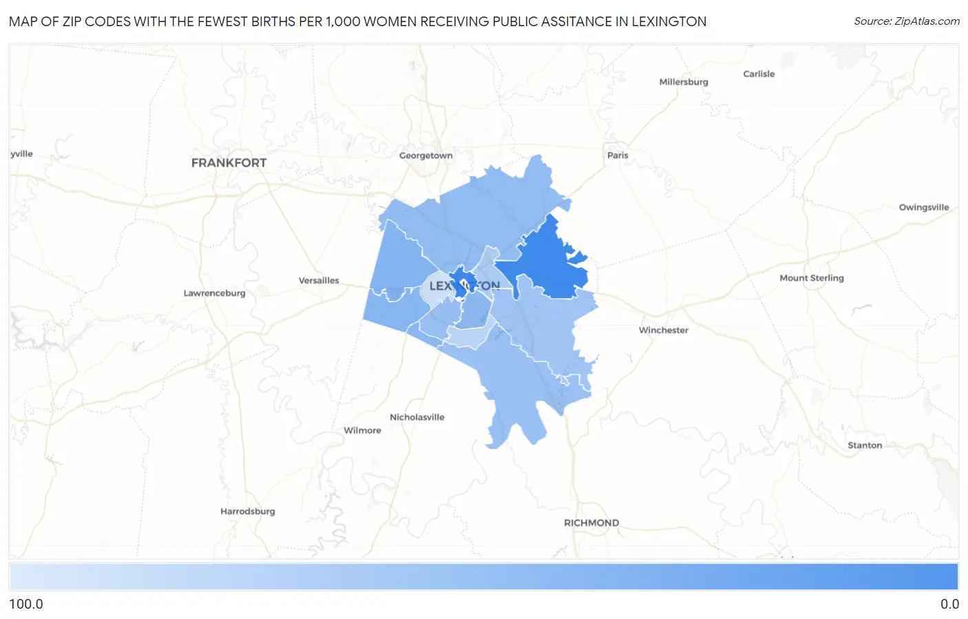 Zip Codes with the Fewest Births per 1,000 Women Receiving Public Assitance in Lexington Map