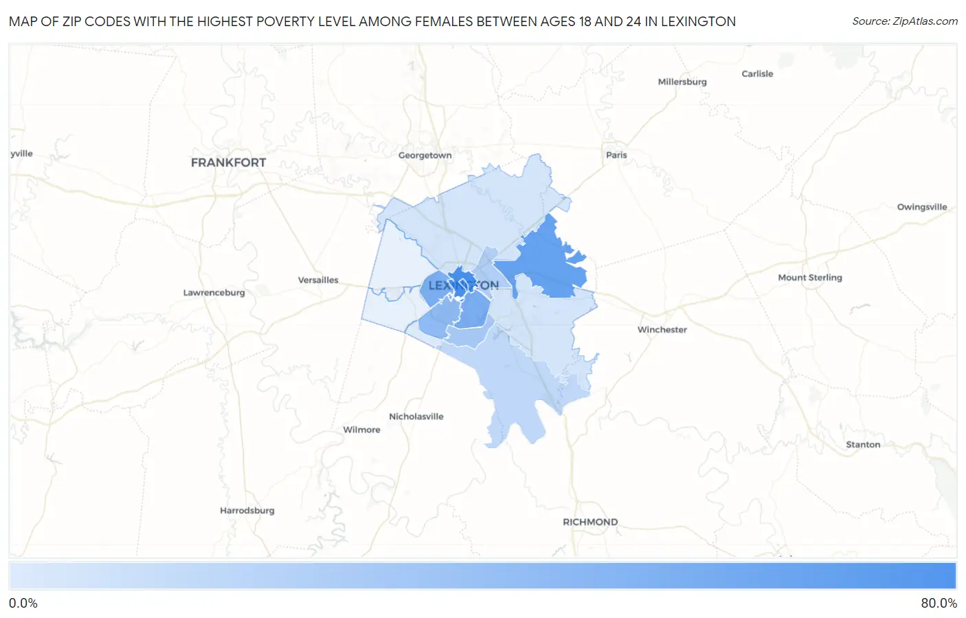 Zip Codes with the Highest Poverty Level Among Females Between Ages 18 and 24 in Lexington Map