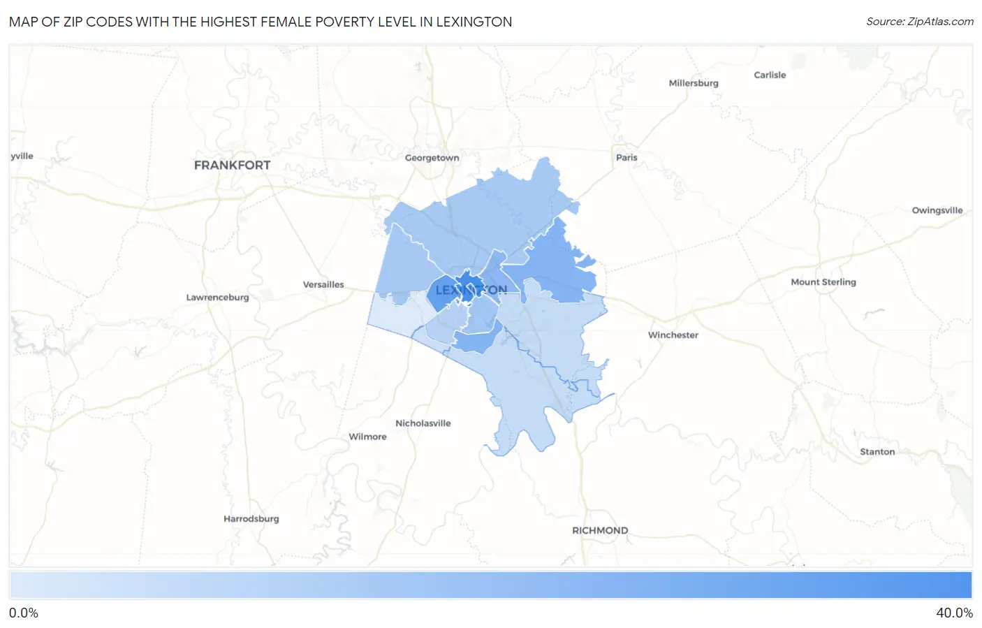 Zip Codes with the Highest Female Poverty Level in Lexington Map