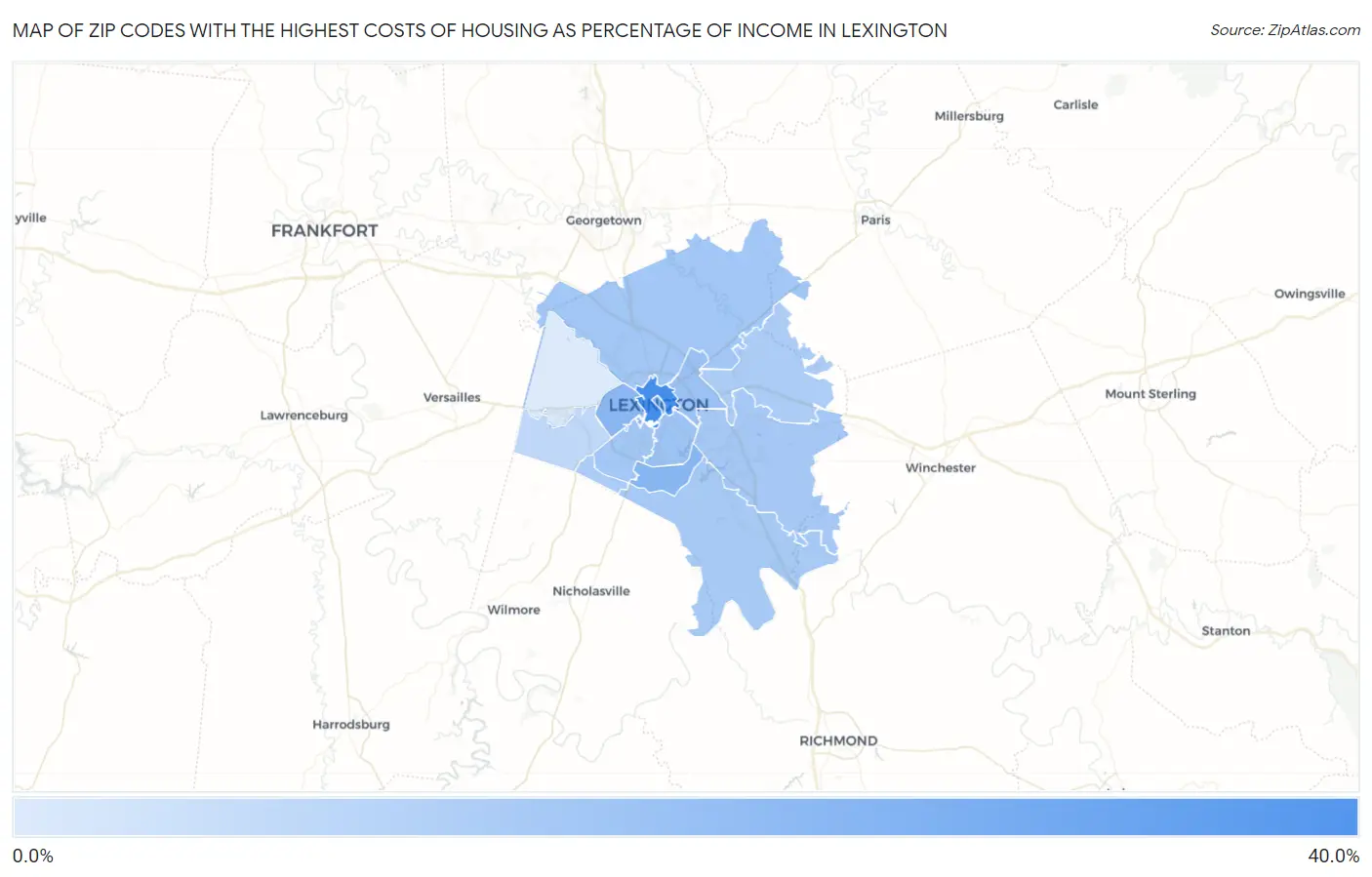 Zip Codes with the Highest Costs of Housing as Percentage of Income in Lexington Map