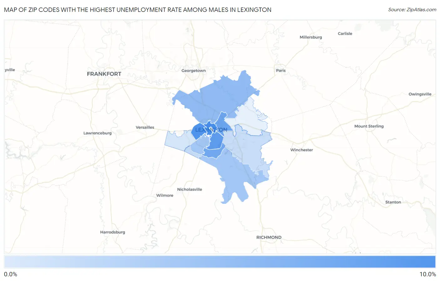 Zip Codes with the Highest Unemployment Rate Among Males in Lexington Map