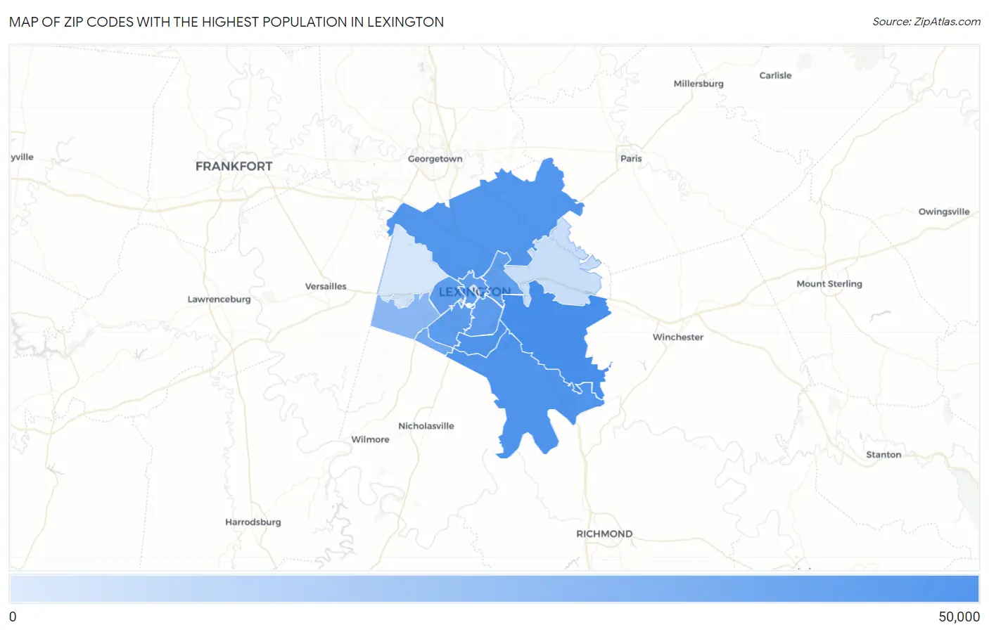 Zip Codes with the Highest Population in Lexington Map