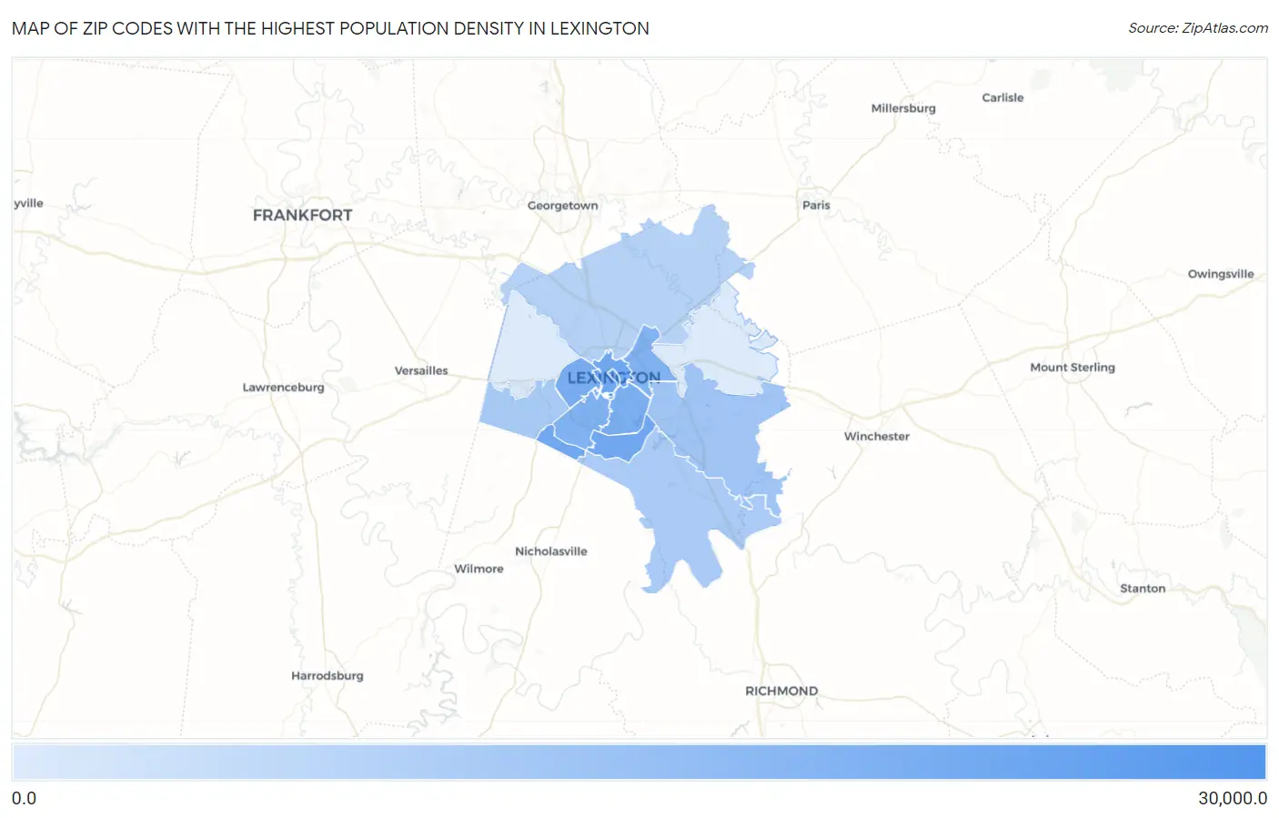 Zip Codes with the Highest Population Density in Lexington Map