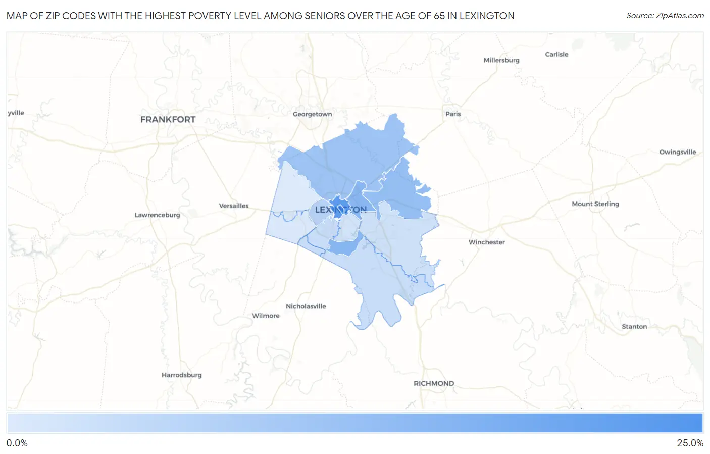 Zip Codes with the Highest Poverty Level Among Seniors Over the Age of 65 in Lexington Map
