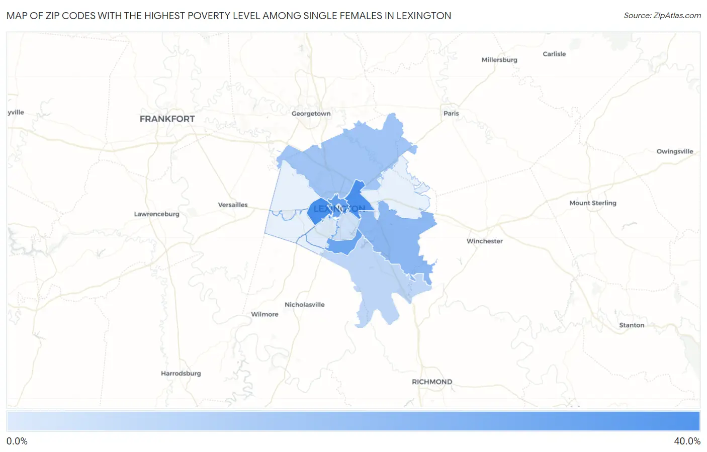 Zip Codes with the Highest Poverty Level Among Single Females in Lexington Map