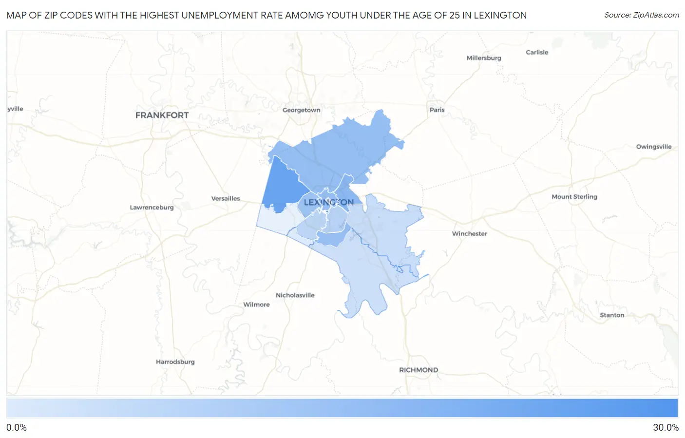Zip Codes with the Highest Unemployment Rate Amomg Youth Under the Age of 25 in Lexington Map