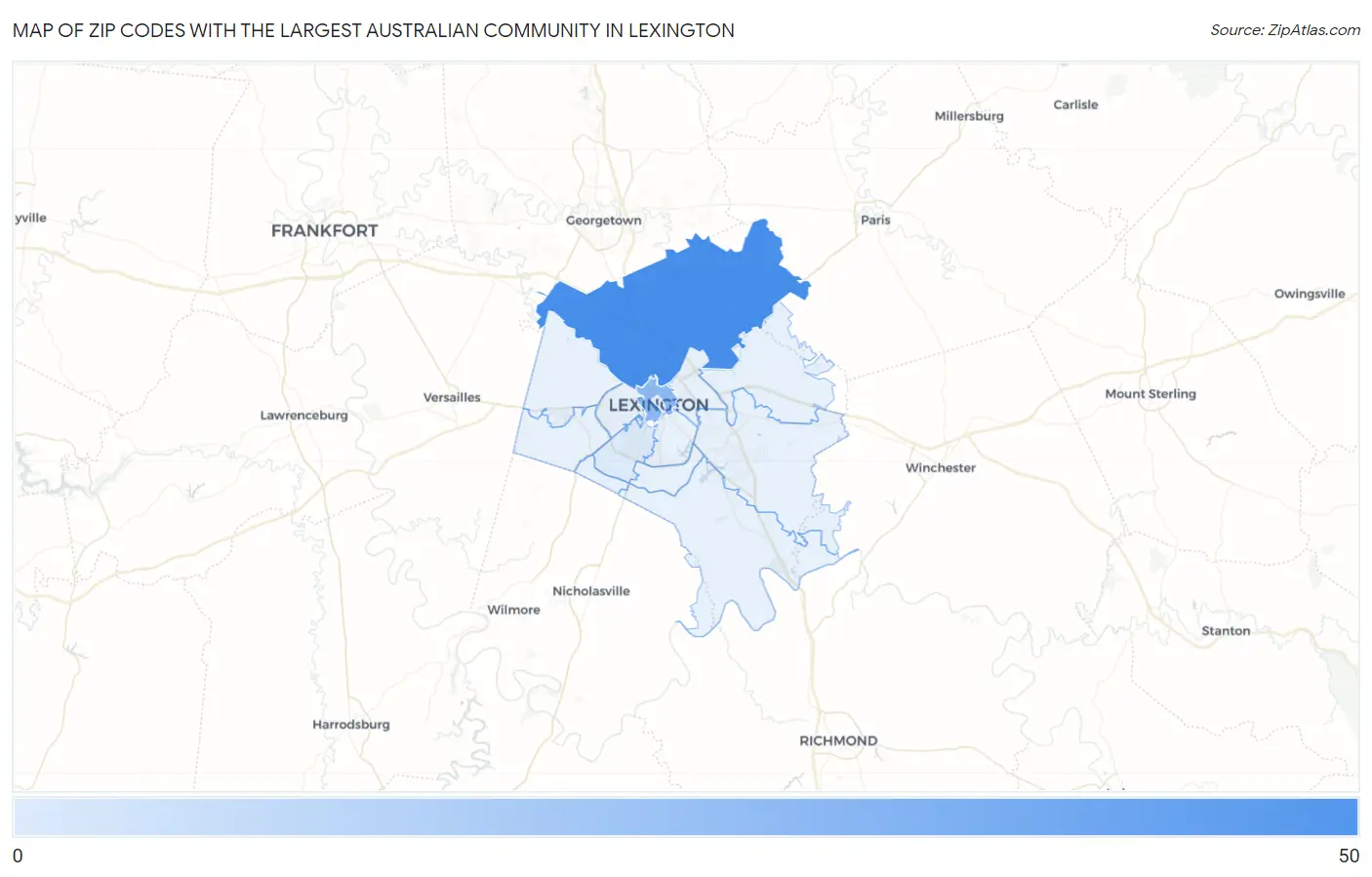 Zip Codes with the Largest Australian Community in Lexington Map