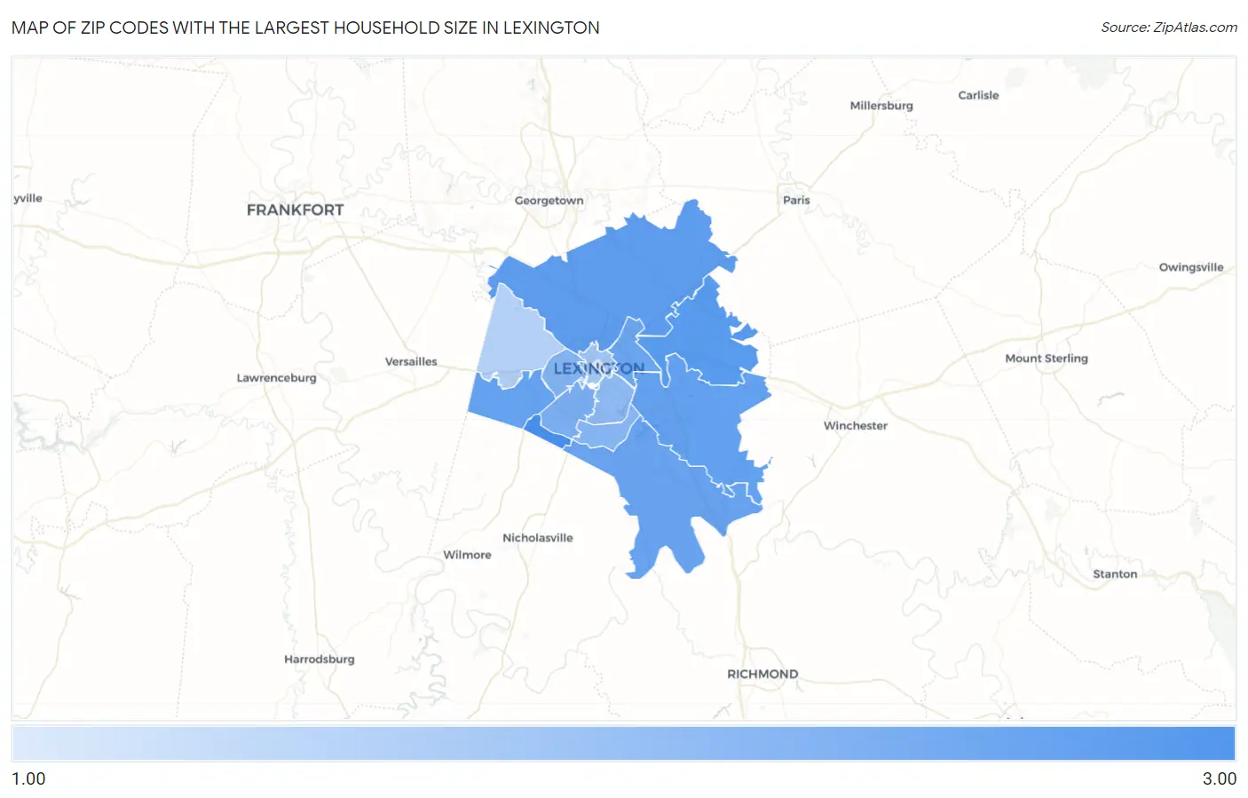 Zip Codes with the Largest Household Size in Lexington Map