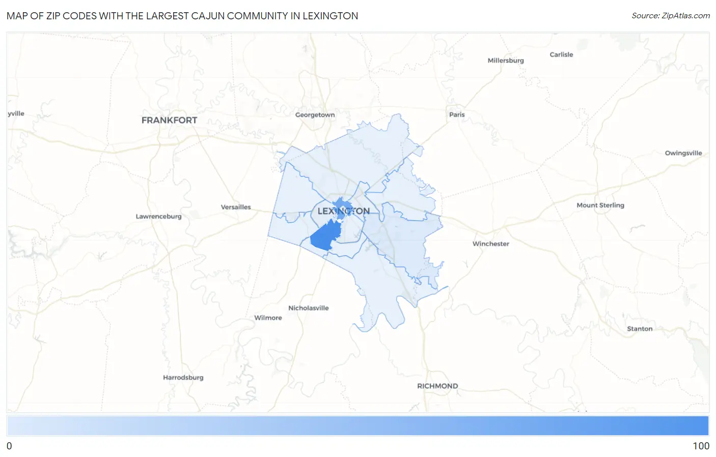 Zip Codes with the Largest Cajun Community in Lexington Map