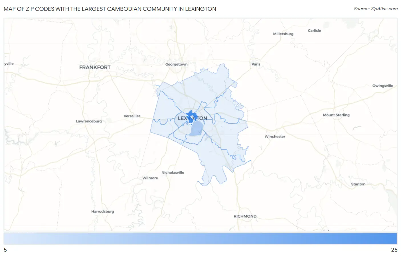 Zip Codes with the Largest Cambodian Community in Lexington Map