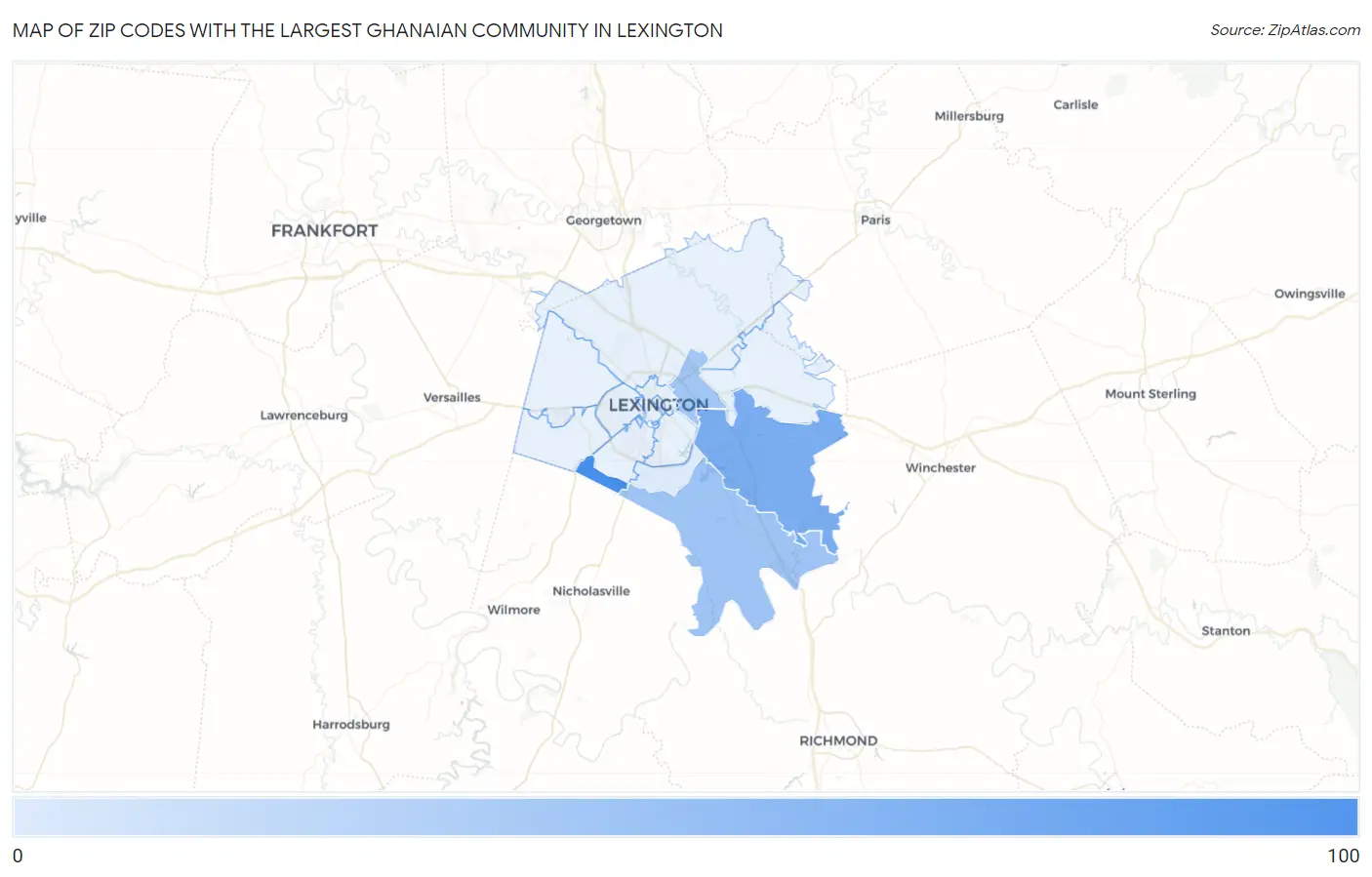 Zip Codes with the Largest Ghanaian Community in Lexington Map