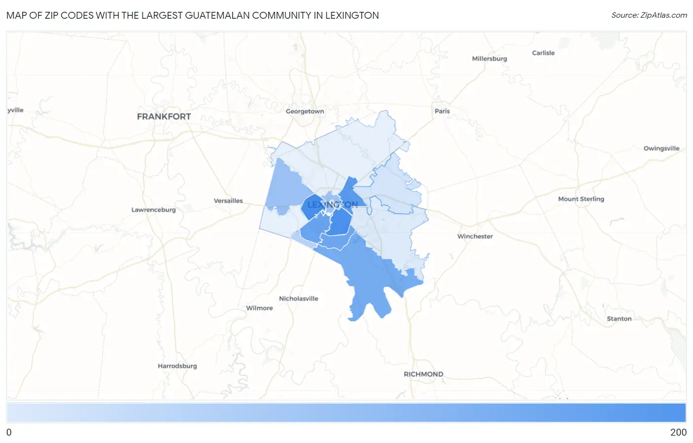 Zip Codes with the Largest Guatemalan Community in Lexington Map