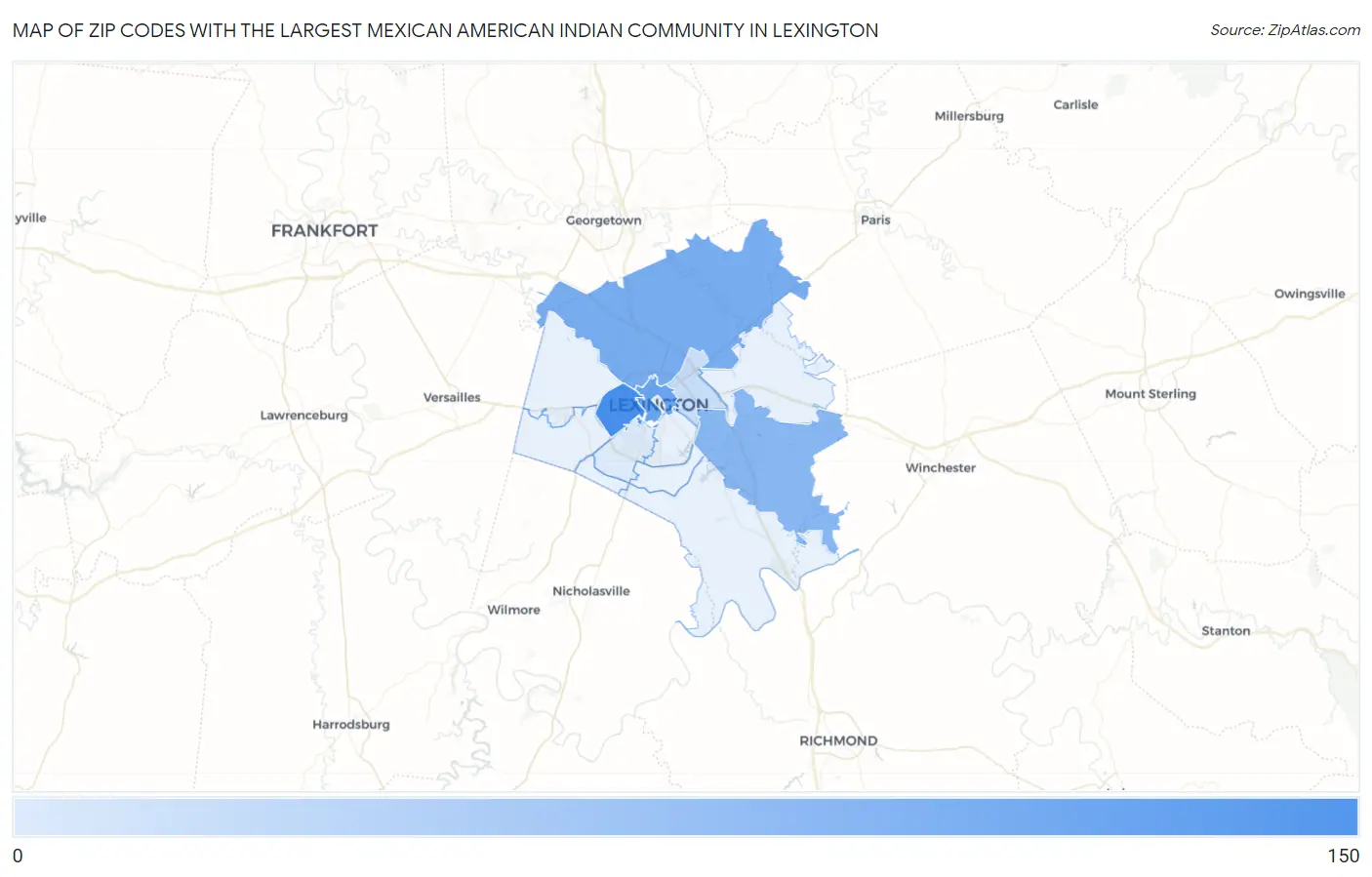 Zip Codes with the Largest Mexican American Indian Community in Lexington Map