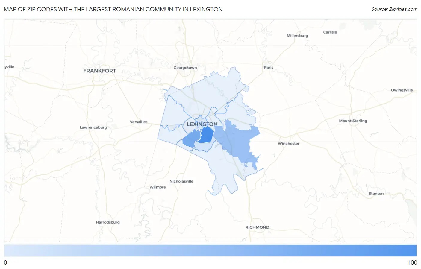 Zip Codes with the Largest Romanian Community in Lexington Map