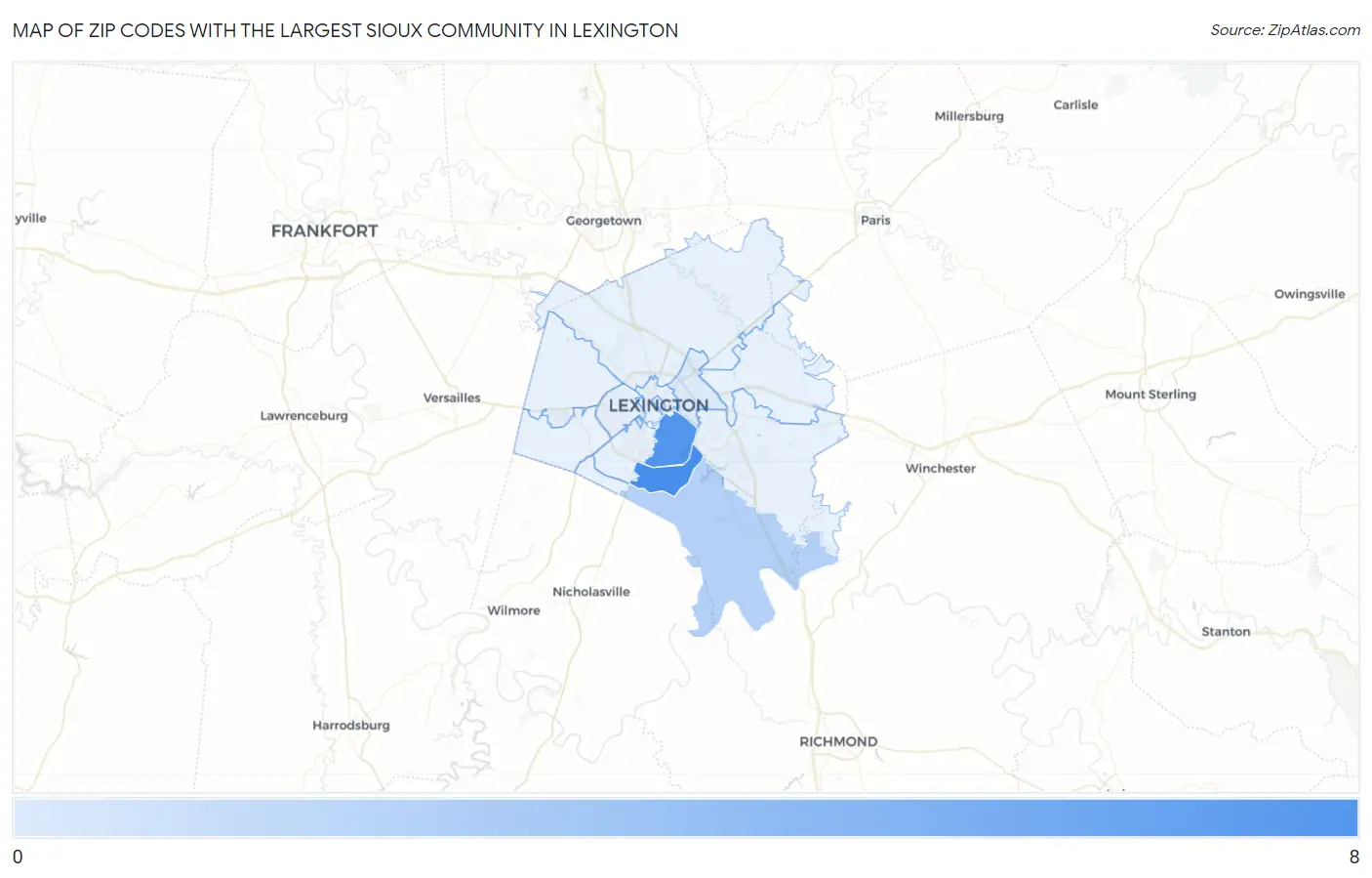 Zip Codes with the Largest Sioux Community in Lexington Map