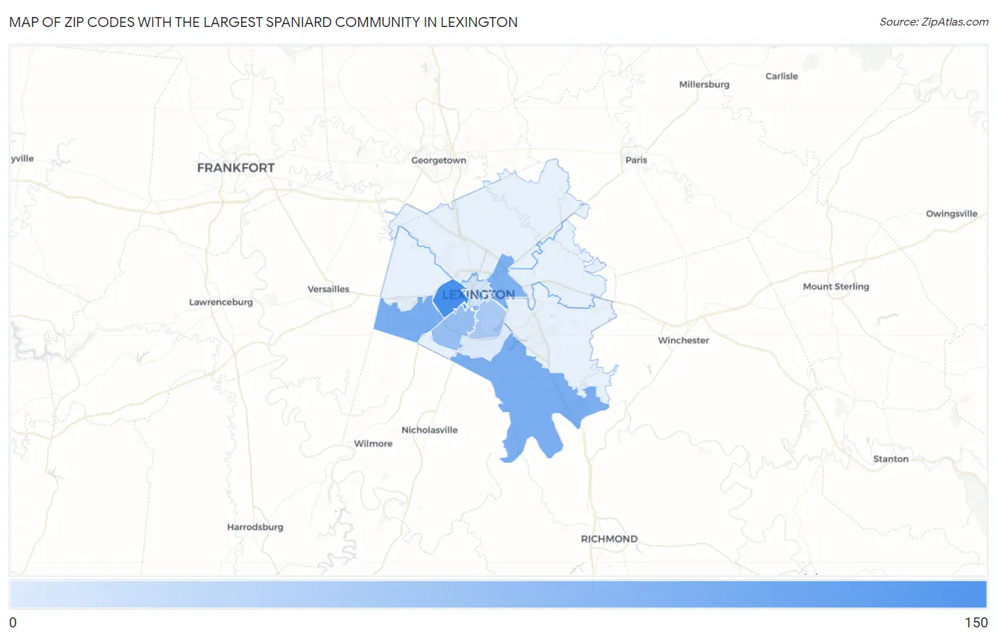 Zip Codes with the Largest Spaniard Community in Lexington Map