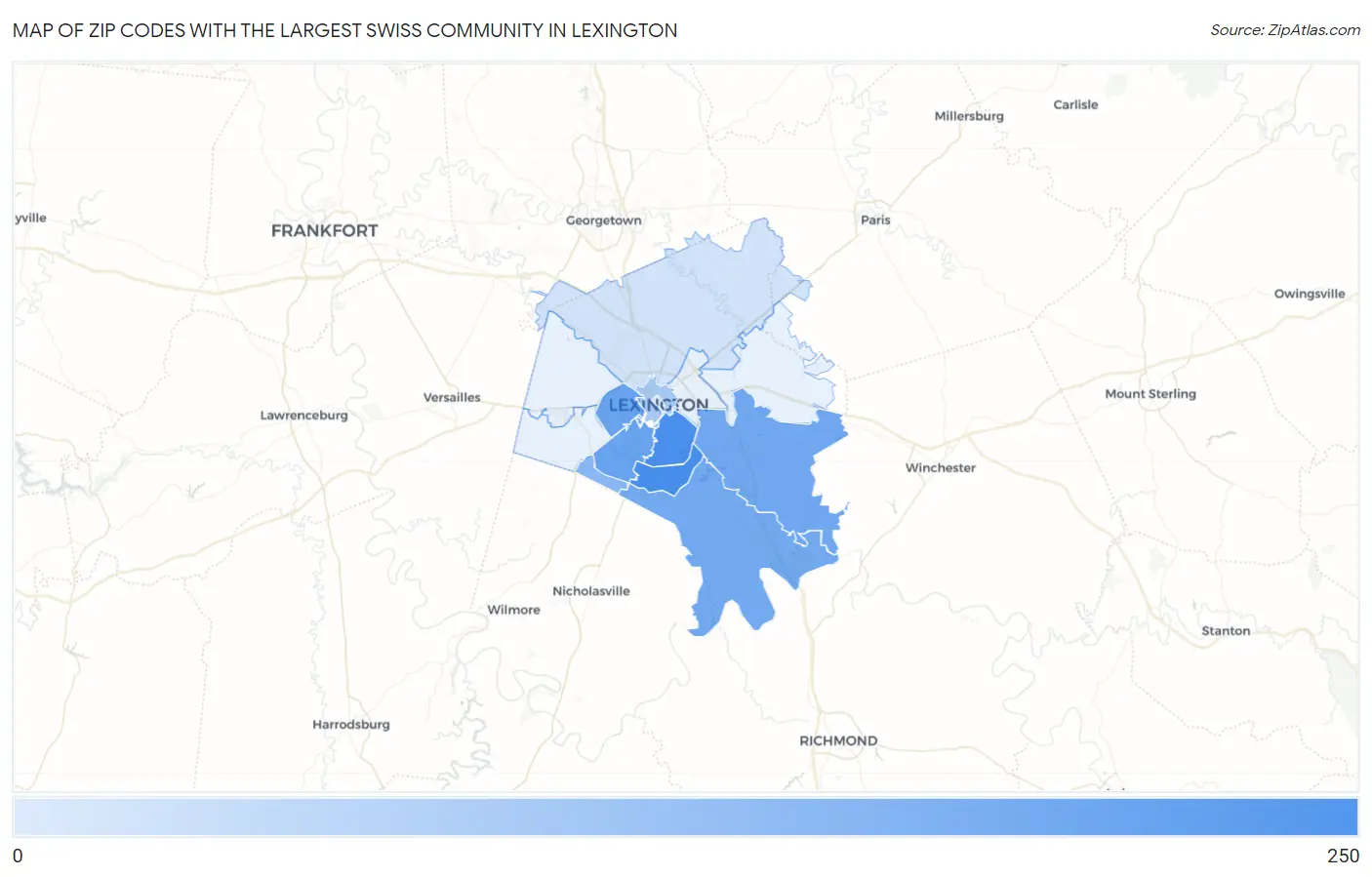 Zip Codes with the Largest Swiss Community in Lexington Map