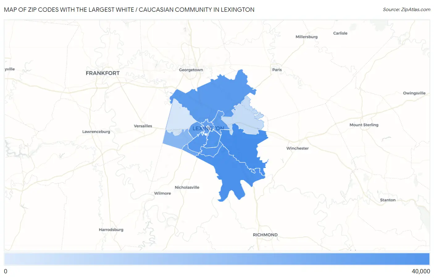 Zip Codes with the Largest White / Caucasian Community in Lexington Map