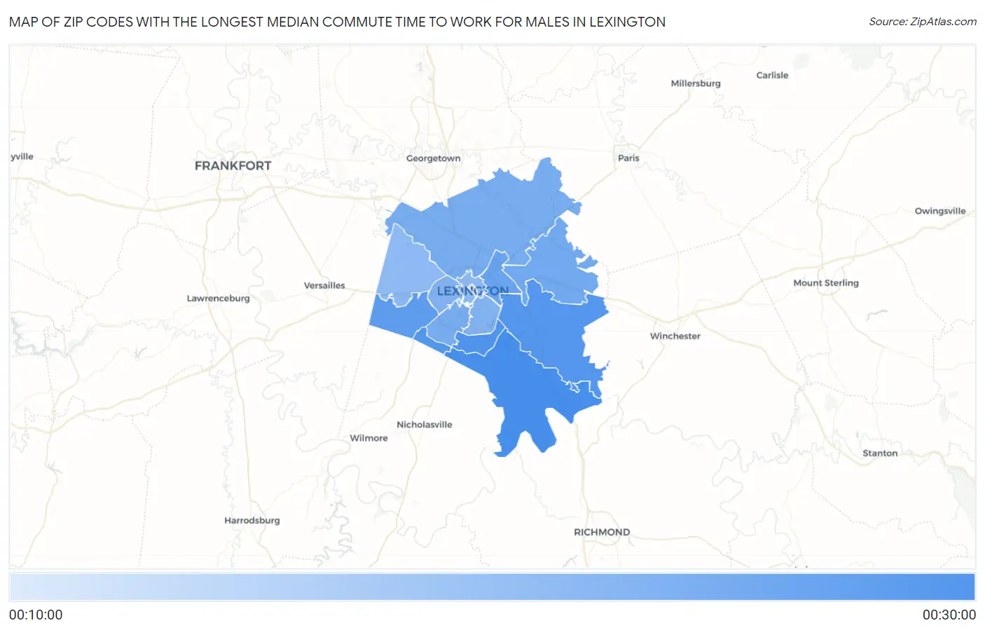 Zip Codes with the Longest Median Commute Time to Work for Males in Lexington Map