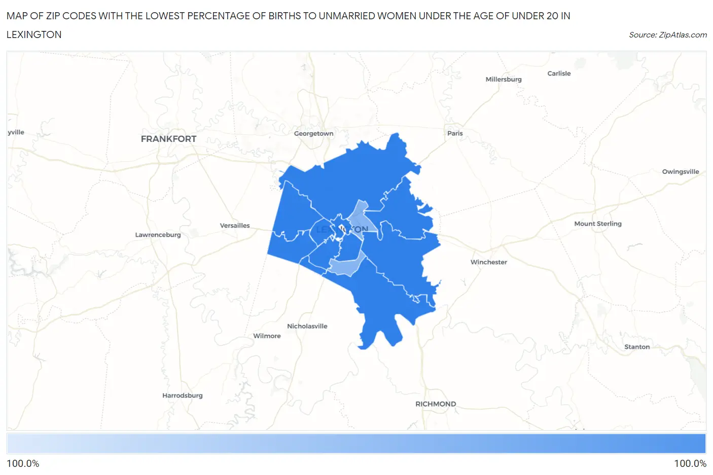 Zip Codes with the Lowest Percentage of Births to Unmarried Women under the Age of under 20 in Lexington Map