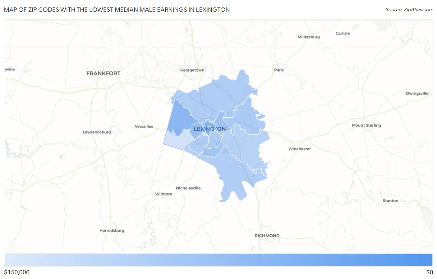 Zip Codes with the Lowest Median Male Earnings in Lexington Map