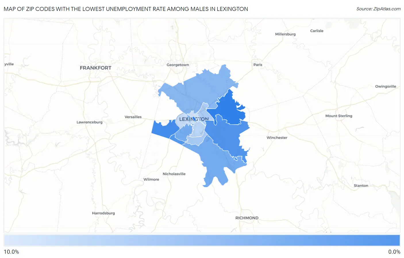 Zip Codes with the Lowest Unemployment Rate Among Males in Lexington Map