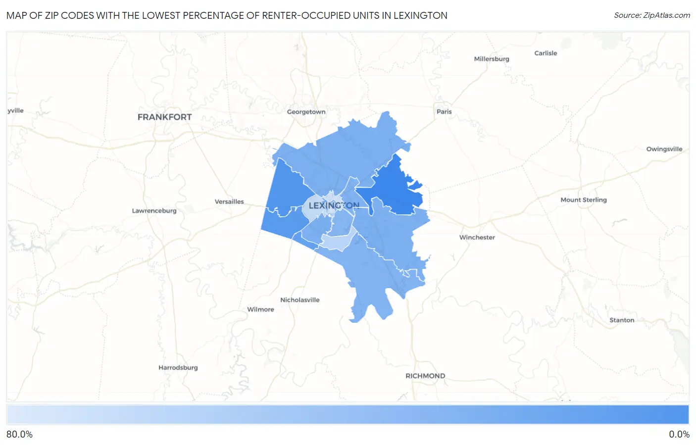 Zip Codes with the Lowest Percentage of Renter-Occupied Units in Lexington Map