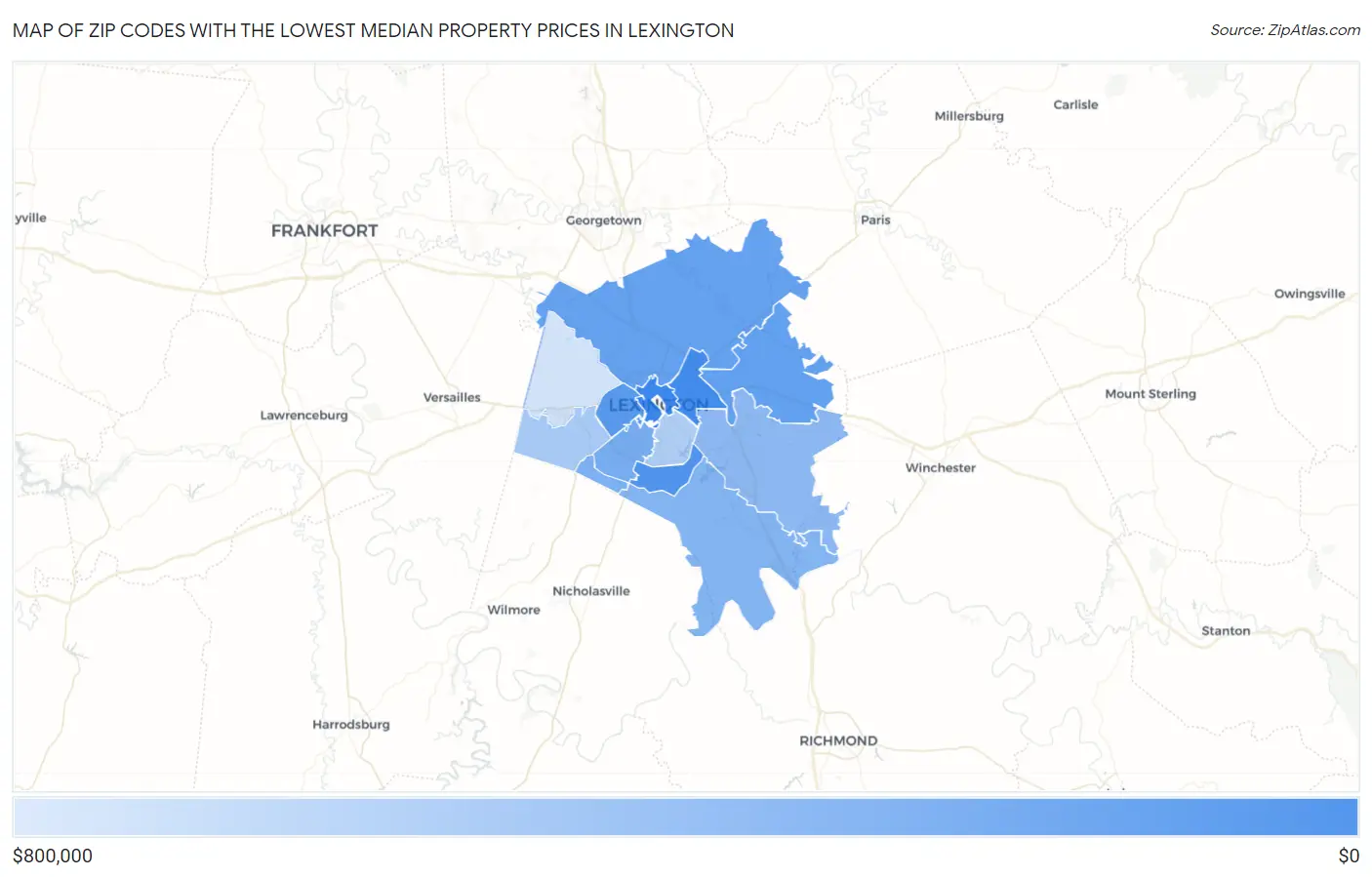 Zip Codes with the Lowest Median Property Prices in Lexington Map