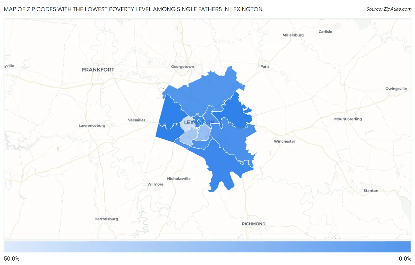 Zip Codes with the Lowest Poverty Level Among Single Fathers in Lexington Map
