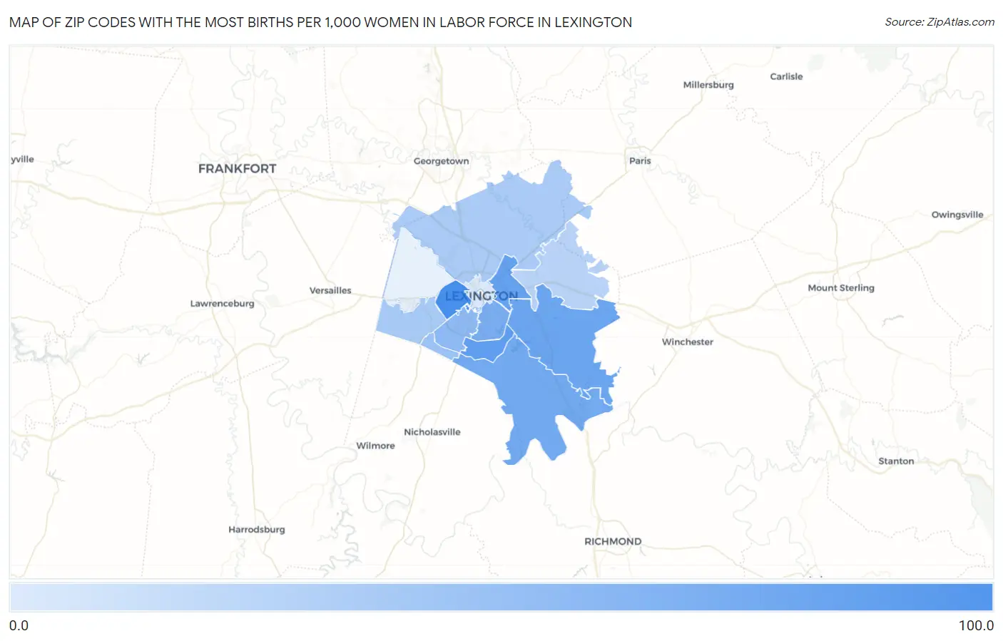 Zip Codes with the Most Births per 1,000 Women in Labor Force in Lexington Map