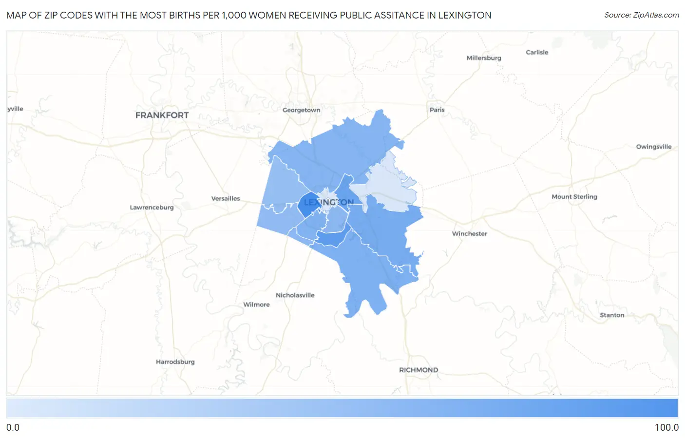 Zip Codes with the Most Births per 1,000 Women Receiving Public Assitance in Lexington Map