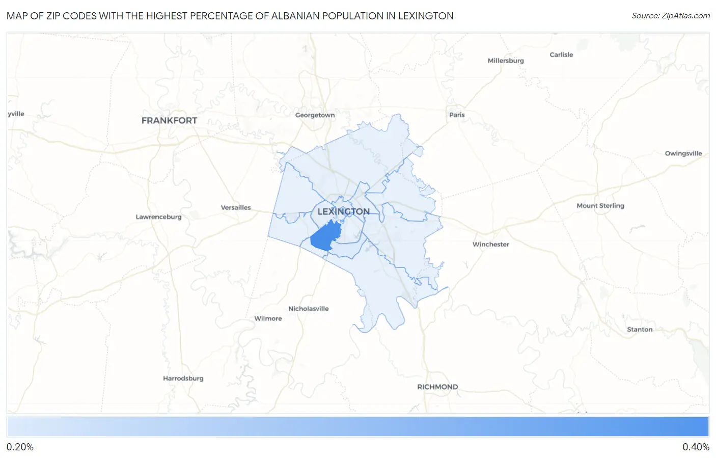 Zip Codes with the Highest Percentage of Albanian Population in Lexington Map