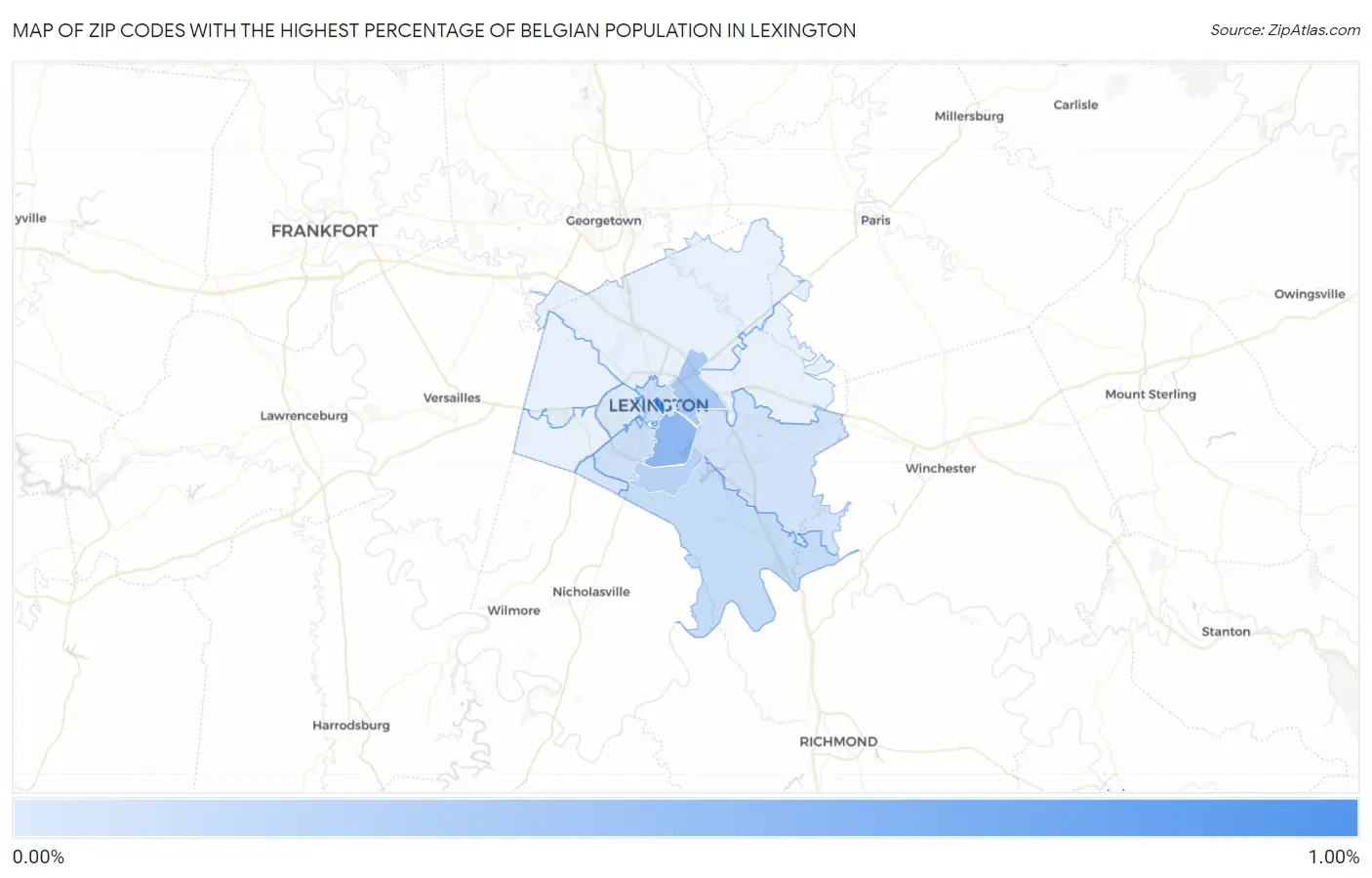 Zip Codes with the Highest Percentage of Belgian Population in Lexington Map