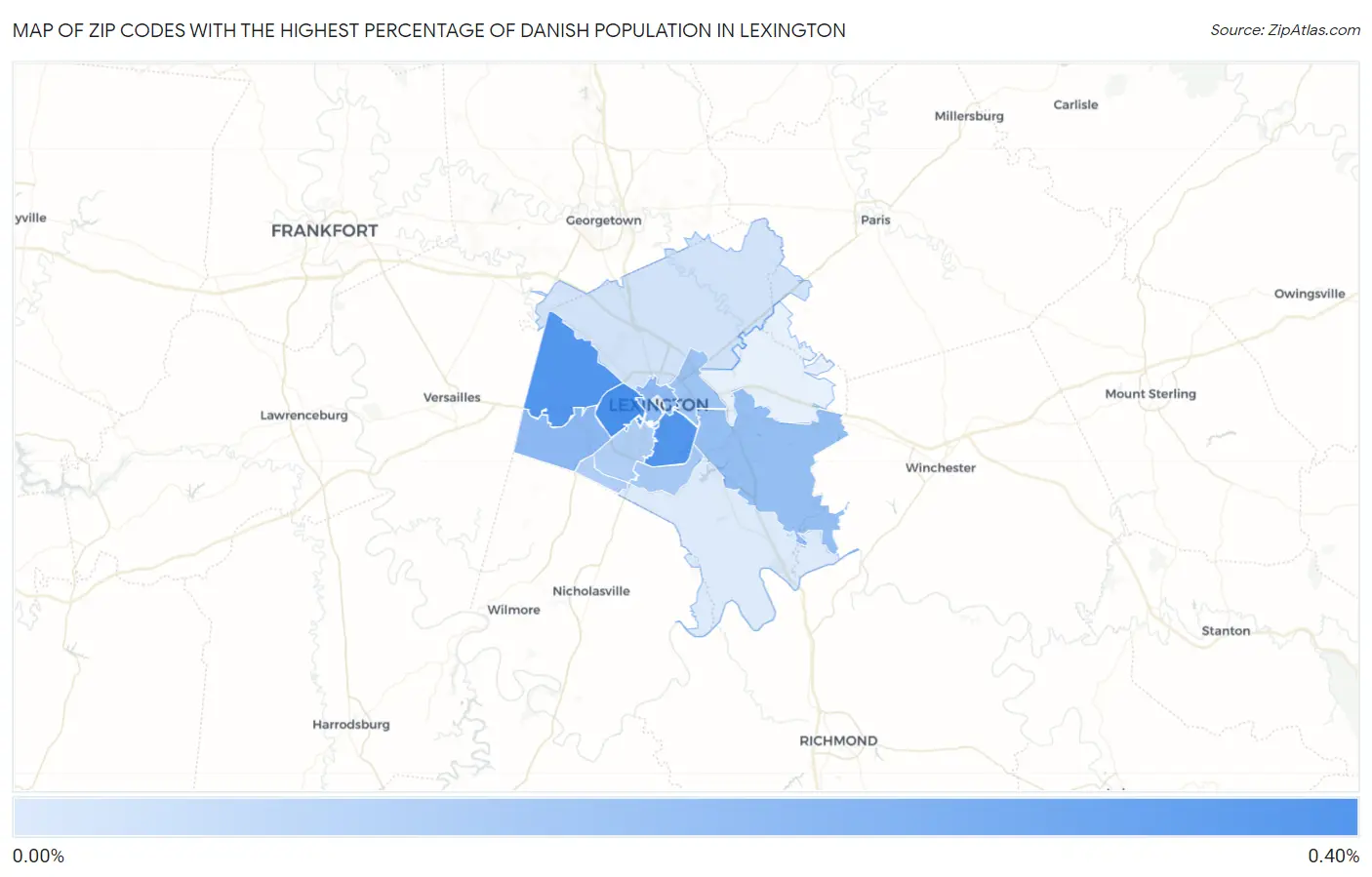 Zip Codes with the Highest Percentage of Danish Population in Lexington Map