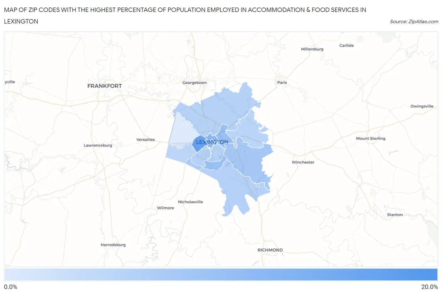 Zip Codes with the Highest Percentage of Population Employed in Accommodation & Food Services in Lexington Map