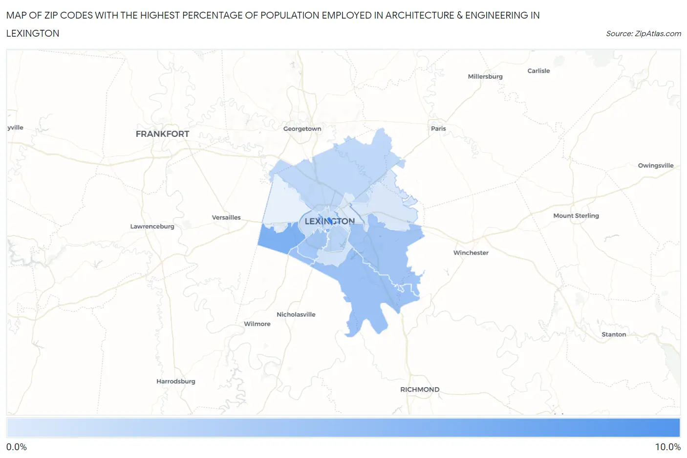 Zip Codes with the Highest Percentage of Population Employed in Architecture & Engineering in Lexington Map