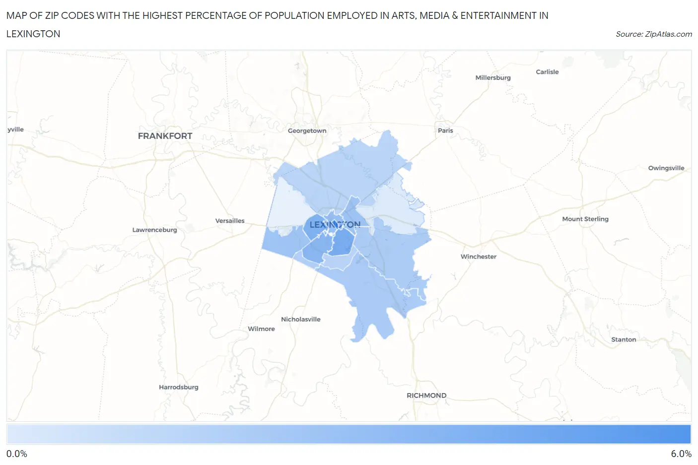 Zip Codes with the Highest Percentage of Population Employed in Arts, Media & Entertainment in Lexington Map