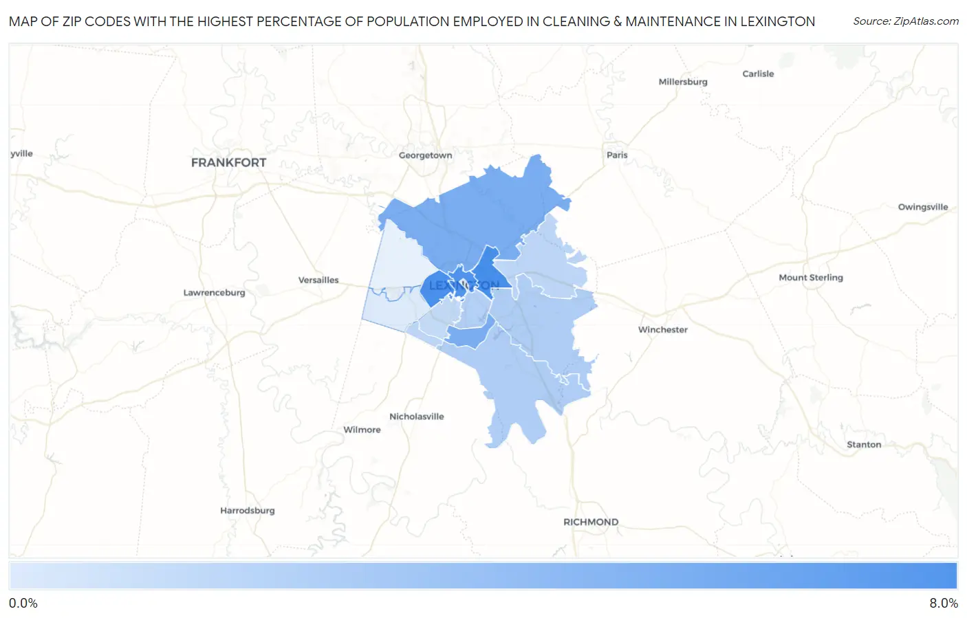 Zip Codes with the Highest Percentage of Population Employed in Cleaning & Maintenance in Lexington Map