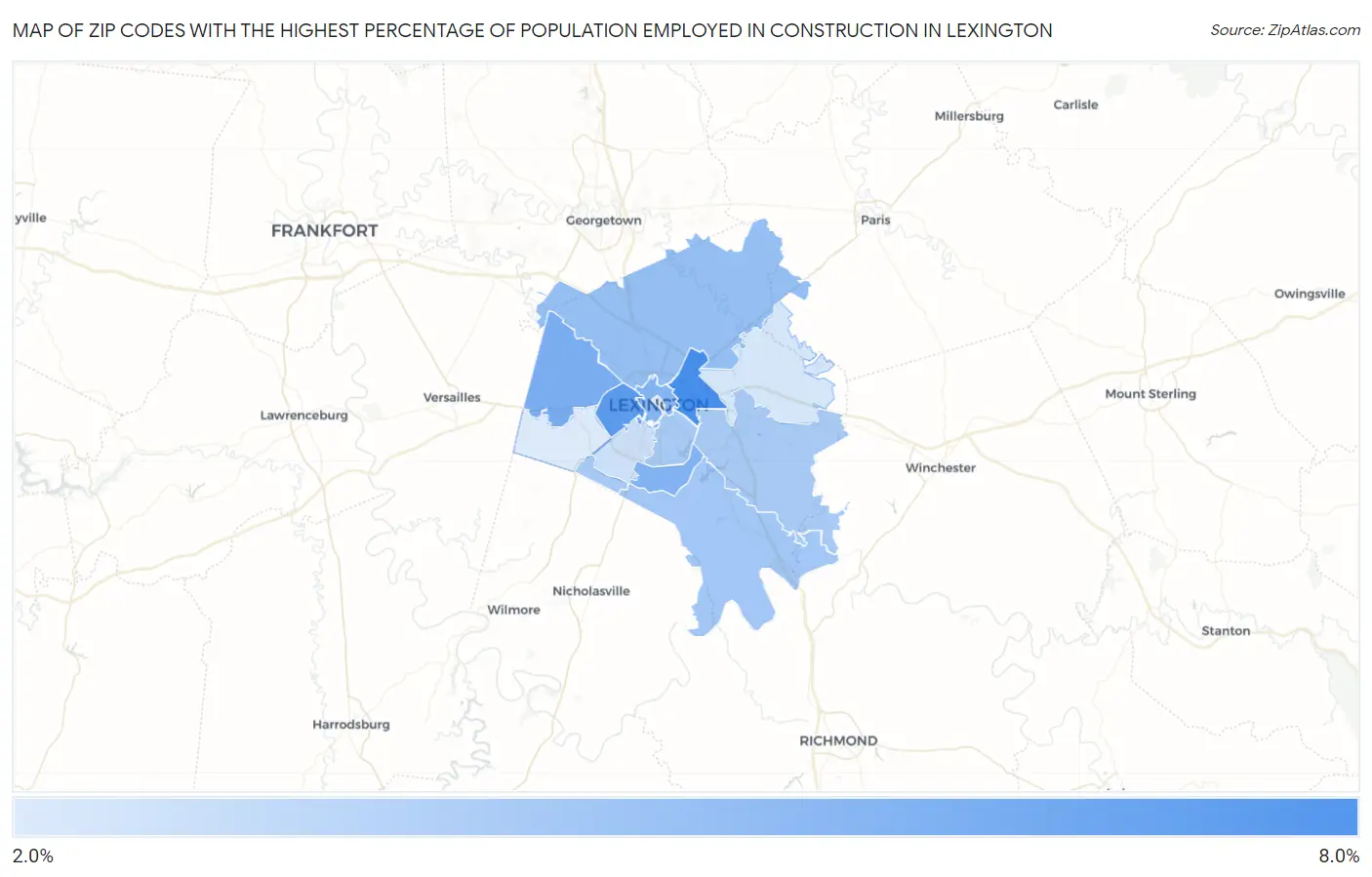 Zip Codes with the Highest Percentage of Population Employed in Construction in Lexington Map
