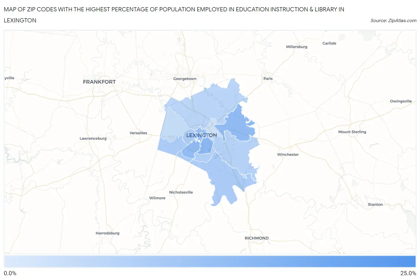 Zip Codes with the Highest Percentage of Population Employed in Education Instruction & Library in Lexington Map