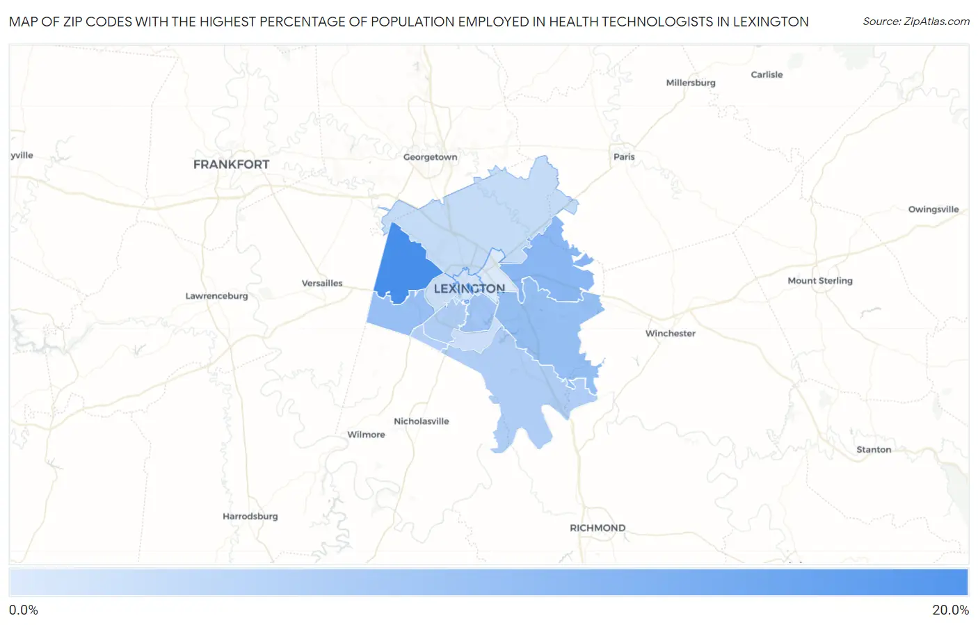 Zip Codes with the Highest Percentage of Population Employed in Health Technologists in Lexington Map