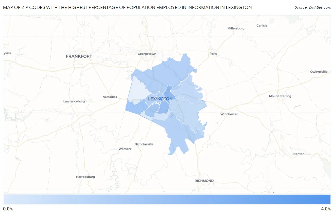 Zip Codes with the Highest Percentage of Population Employed in Information in Lexington Map